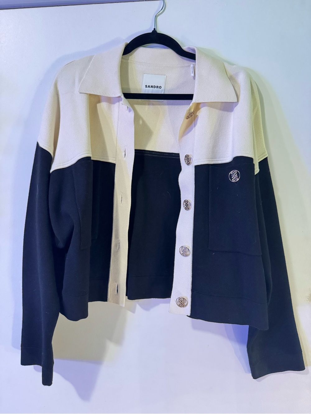 Sandro Two-Tone Black & Cream Cropped Jacket with Gold Hardware
